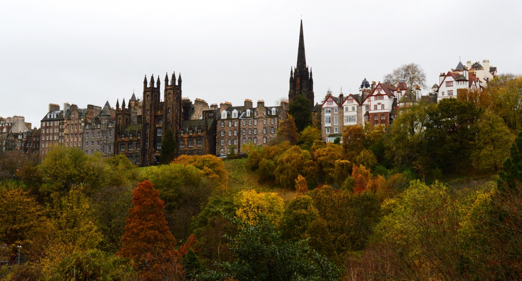 Arbres au feuillage rouge/jaune/orange avec les bâtiments de la ville derrière, en hauteur sur la colline