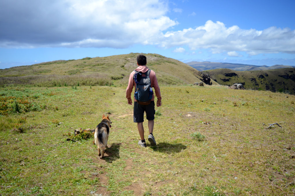 Manu avec un chien adopté temporairement, marchants sur une colline de l’ile de Pâques