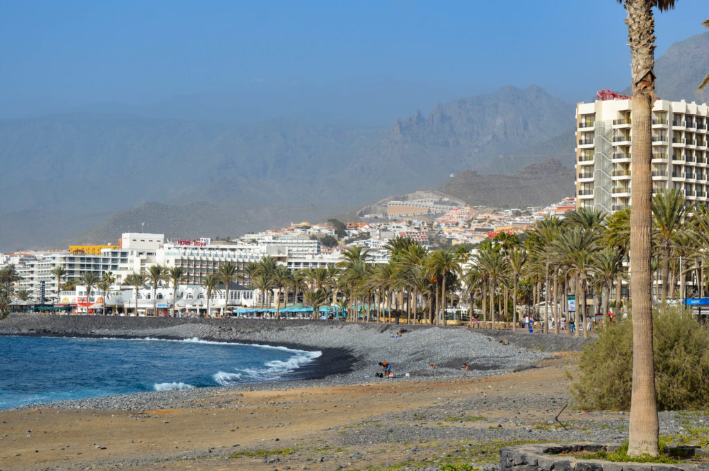 vue sur la plage et les reliefs volcaniques en arrière