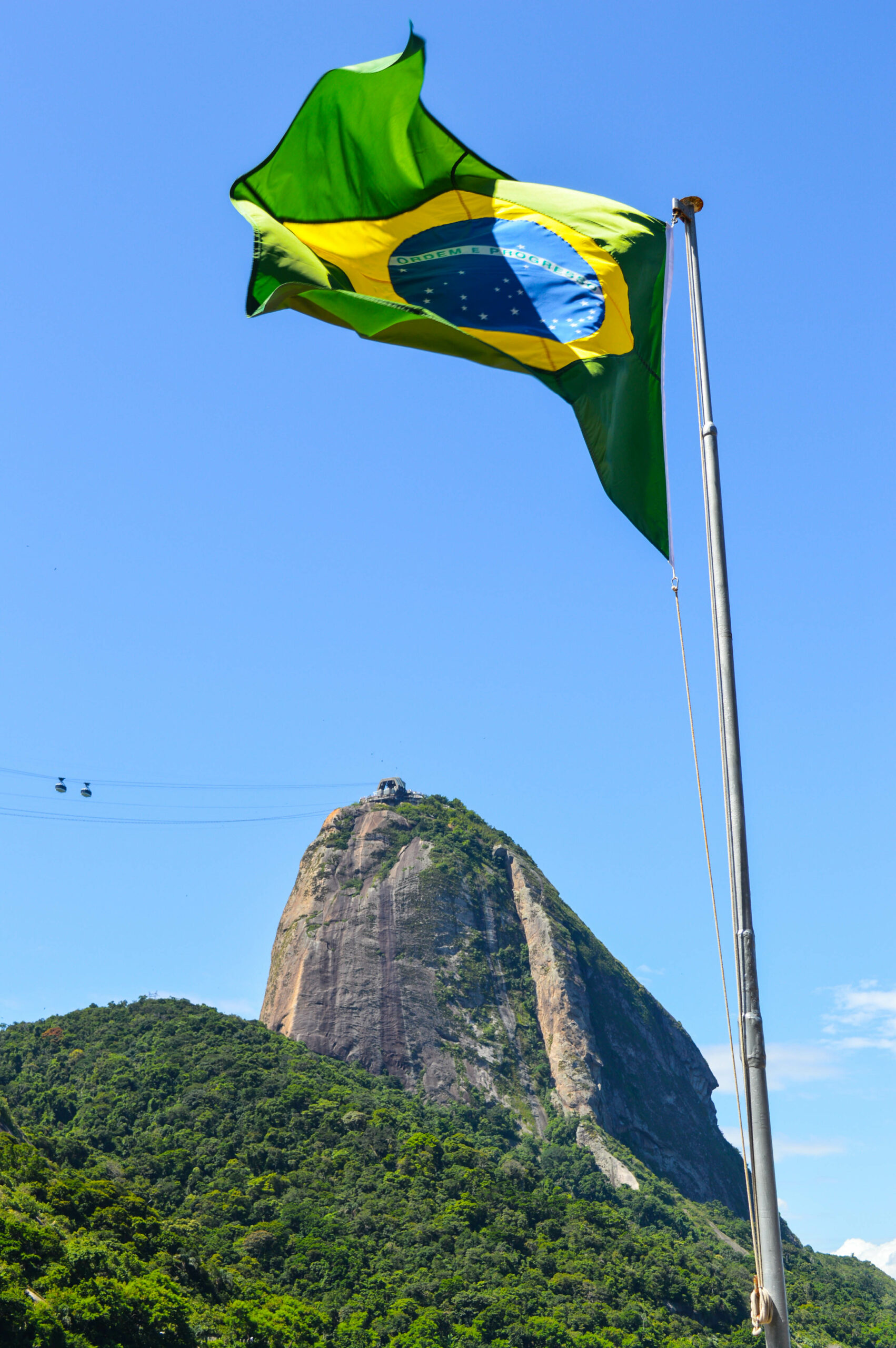 Drapeau du Brésil flottant devant la montagne du pain de sucre de Rio