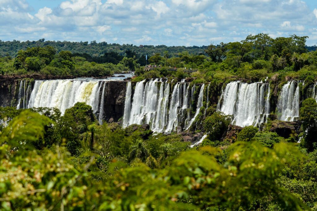 Vue lointaines des chutes, avant des arbres en premier plan