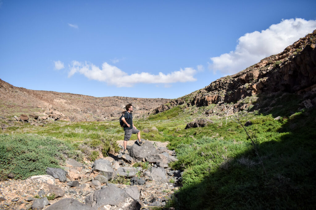 manu dans le canyon verdoyant de fuerteventura pendant la randonnée 