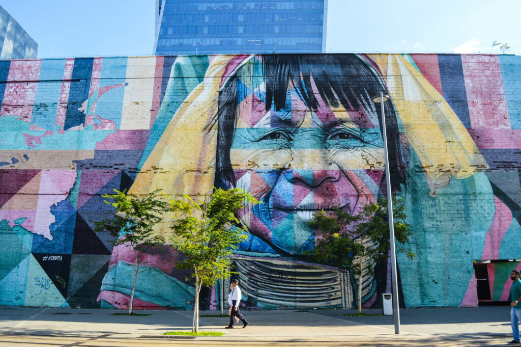 Personne marchant devant une fresque représentant le visage d'une femme indigène, œuvre de l'artiste Cobra