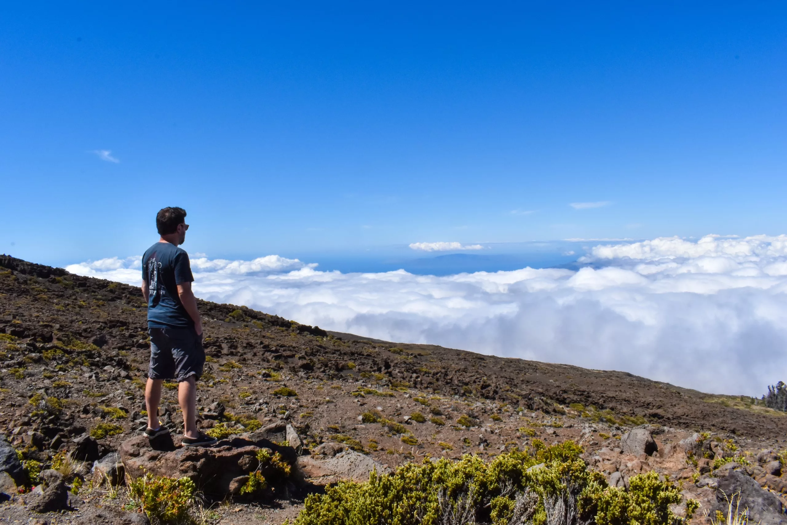 Une personne se tient sur une colline volcanique couverte d'arbustes, regardant une mer de nuages sous un ciel bleu vif
