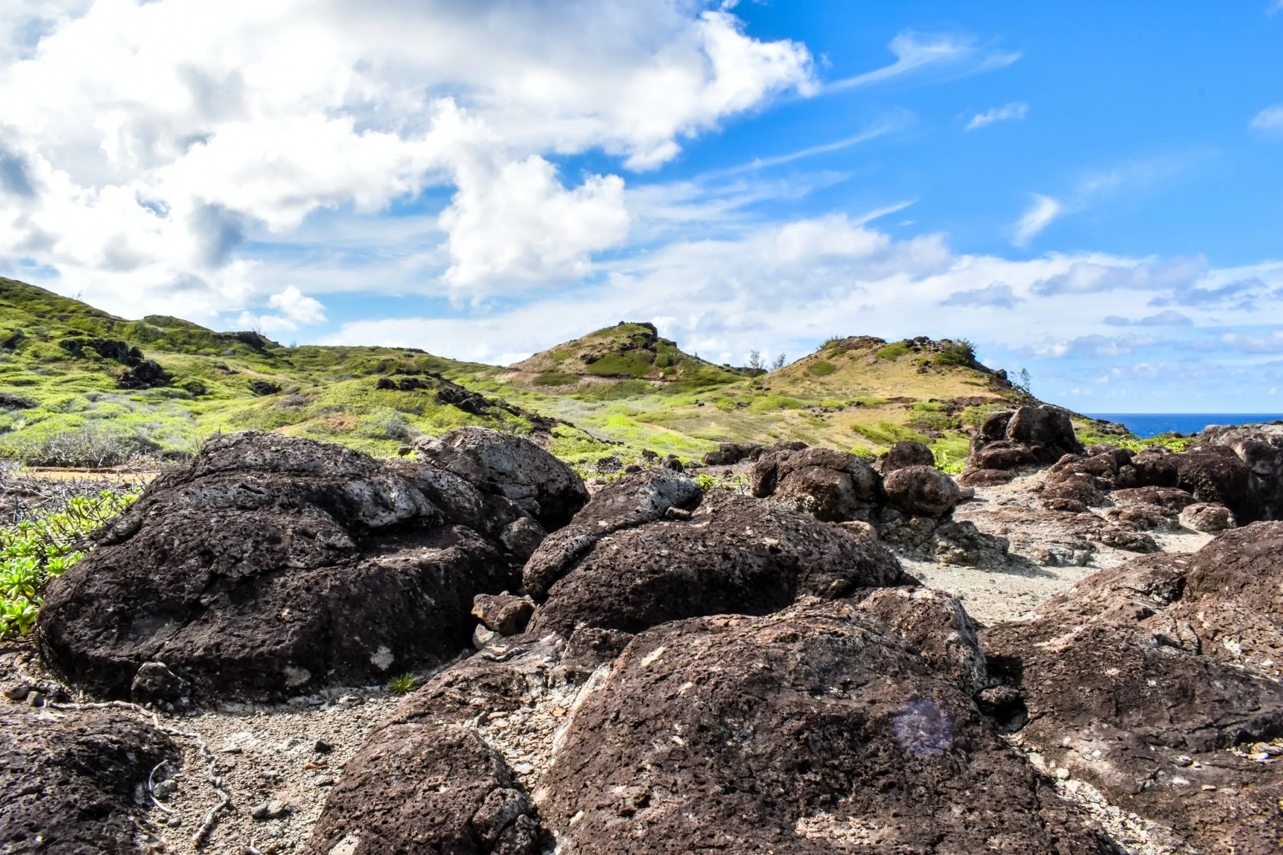 De grandes roches volcaniques sombres sont dispersées dans un paysage sec et rocheux à Maui, avec une végétation verte et un ciel bleu au-dessus - une scène inspirante pour quiconque explore ce que faire à Maui.