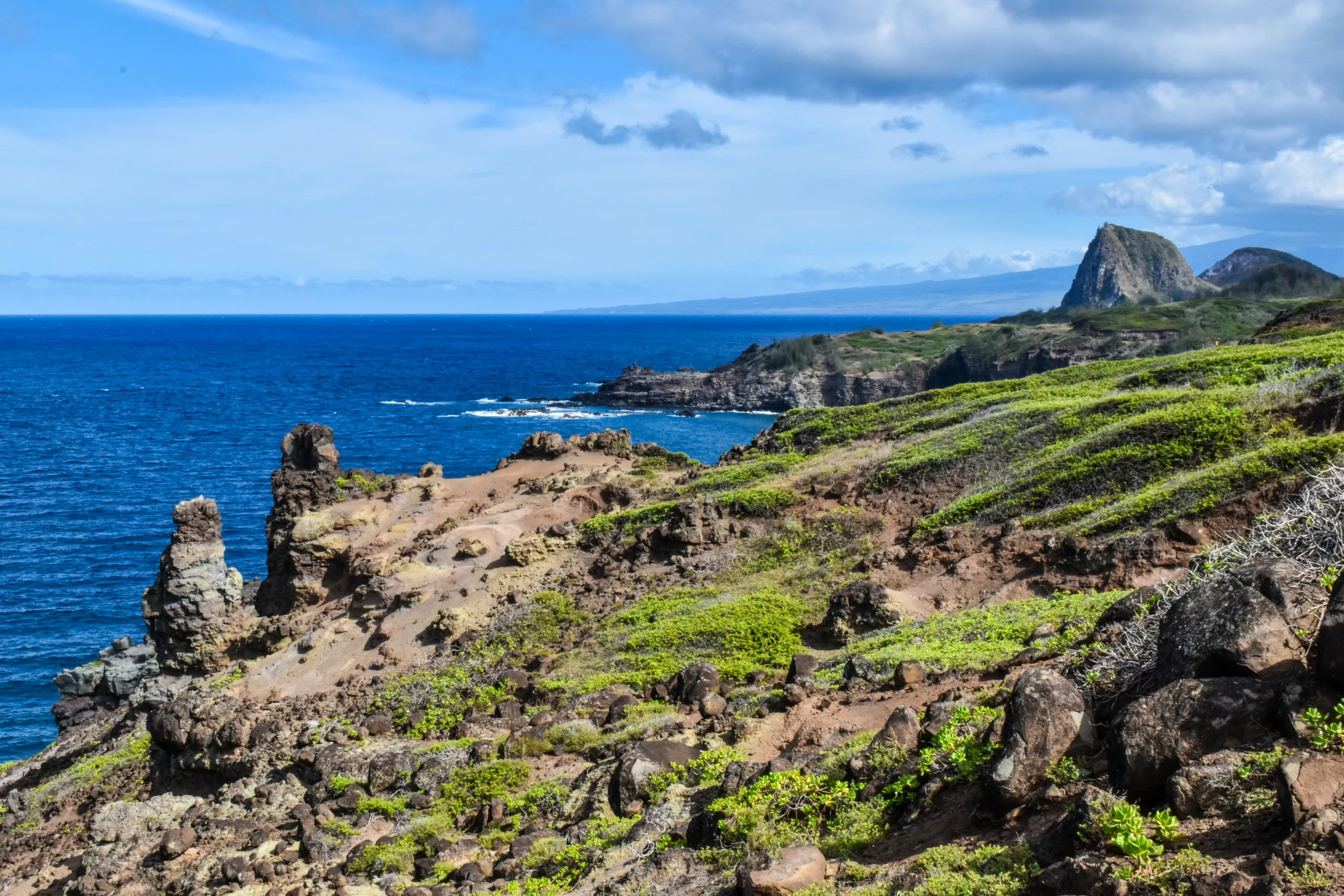 Paysage côtier rocheux avec des arbustes verdoyants, des falaises abruptes et un océan bleu sous un ciel partiellement nuageux. Une haute formation rocheuse se dresse au loin : un lieu inspirant pour explorer ce que Maui a à offrir.