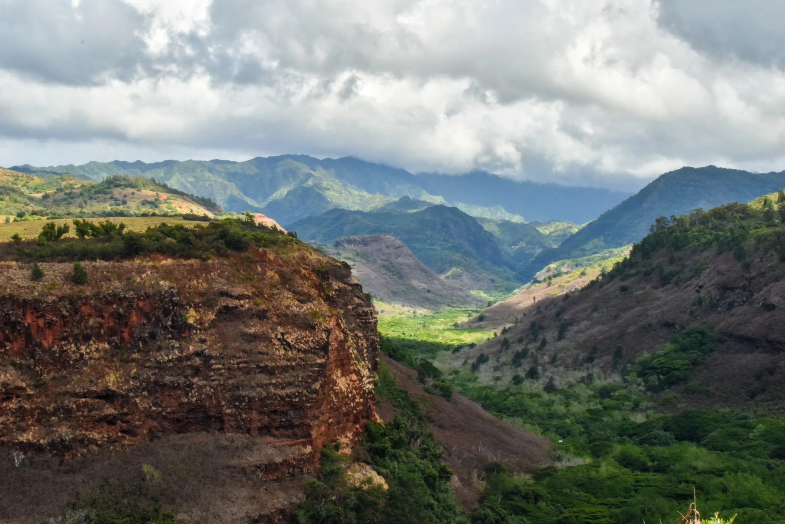 Une vue du canyon de Waimea avec des parois rocheuses abruptes, une végétation verte luxuriante à la base et des montagnes lointaines sous un ciel nuageux.
