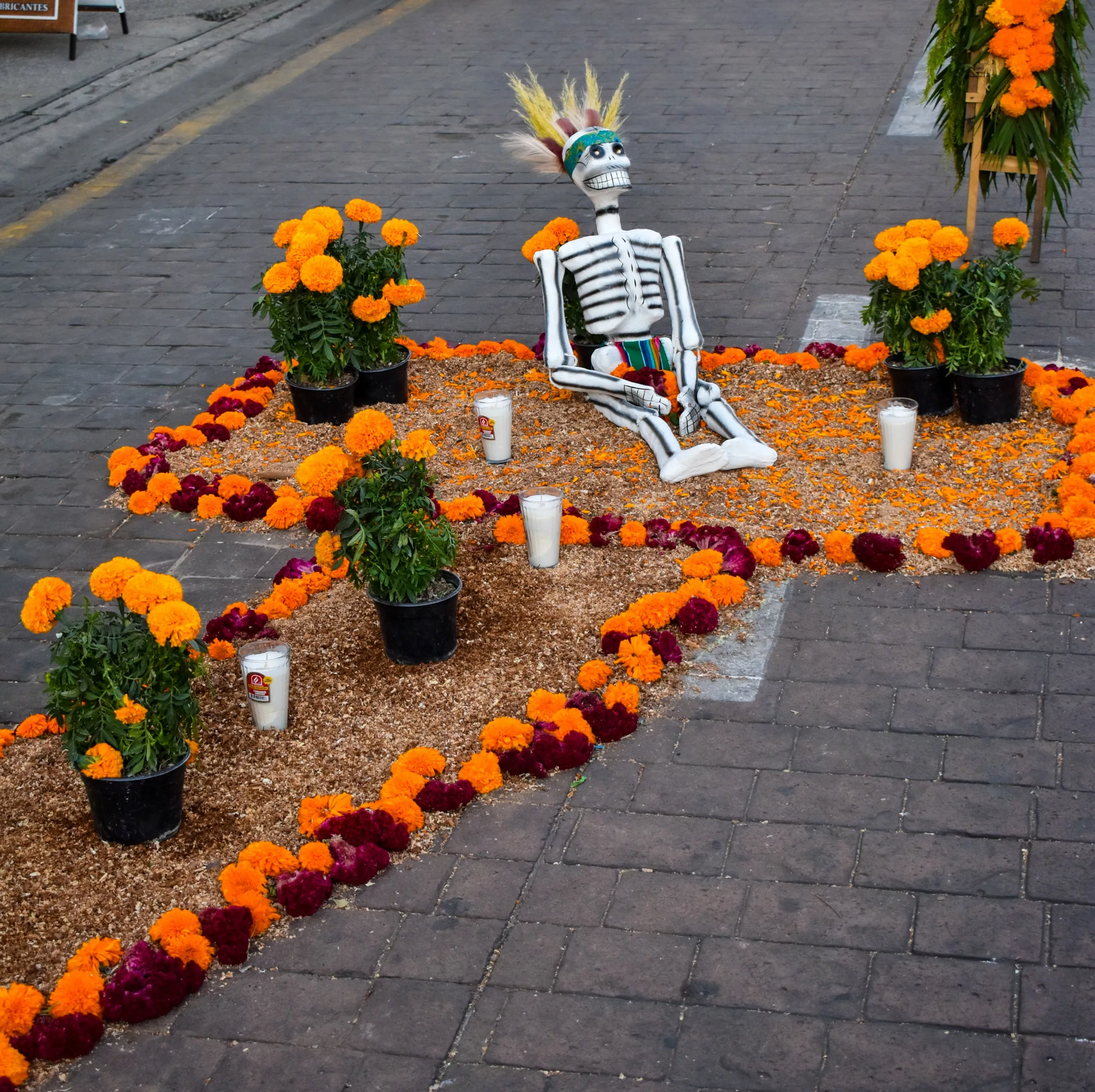 Un squelette décoratif avec une coiffe et un tissu colorés est assis parmi des fleurs orange, des bougies et des pétales dans une rue