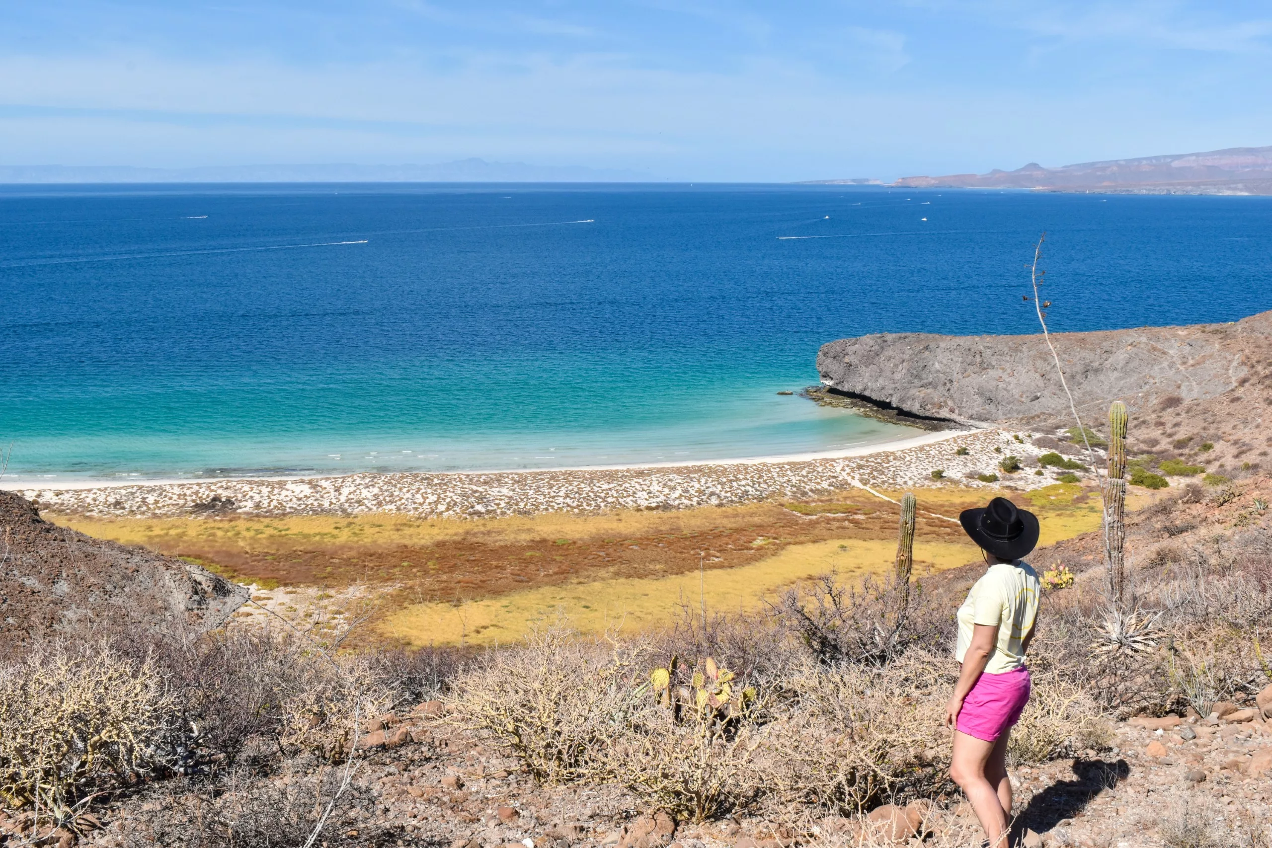 Une personne portant un chapeau et un short rose se tient sur une colline sèche et rocheuse surplombant une plage de sable et une eau turquoise