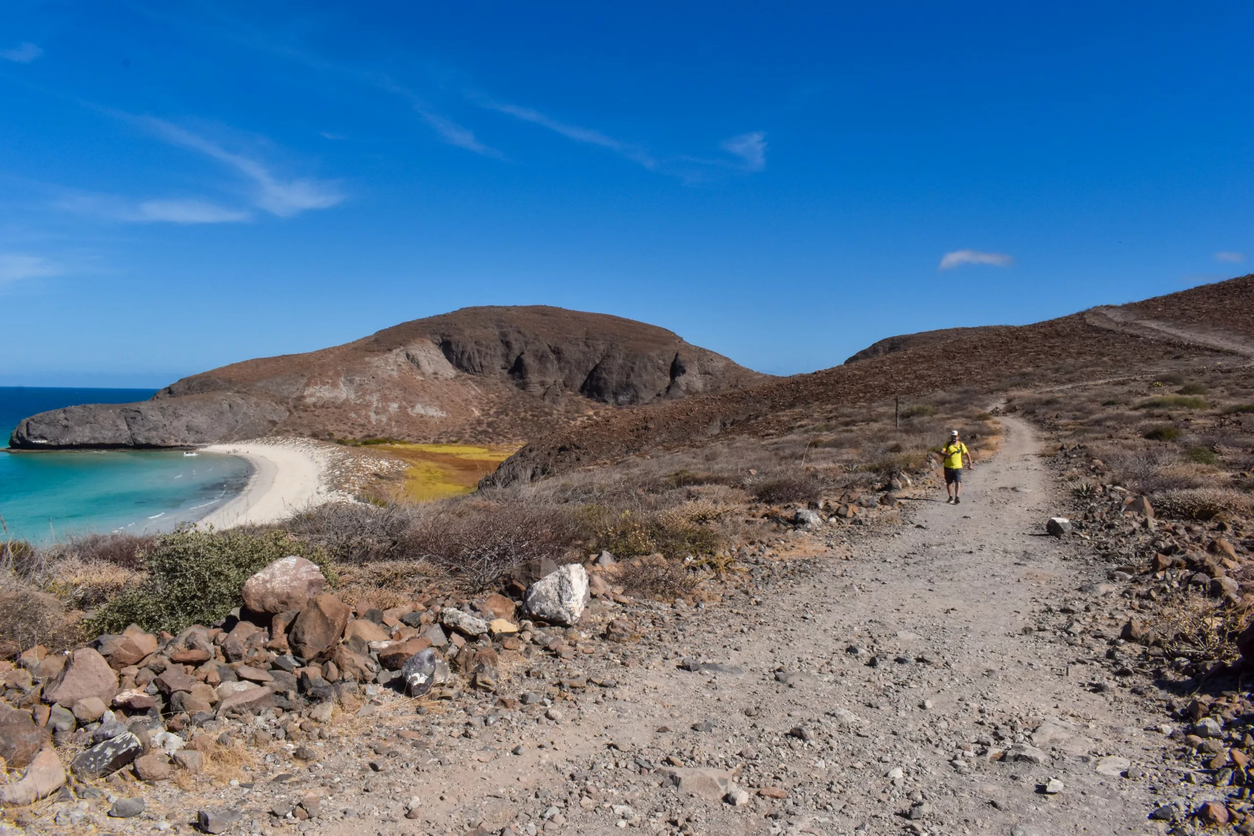 Une personne marche sur un chemin de terre rocailleux près de collines sèches et d'une végétation clairsemée, avec une plage incurvée et une eau turquoise à gauche sous un ciel bleu clair.
