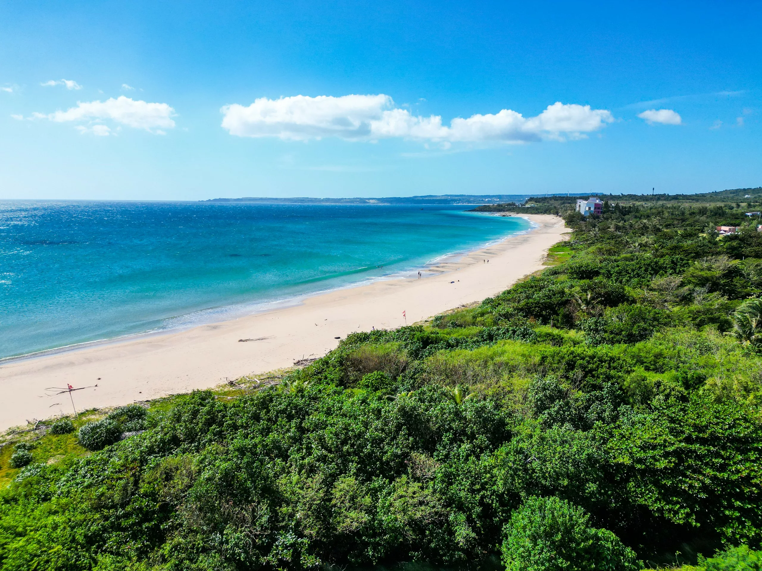Une grande plage de sable aux eaux turquoise serpente le long du littoral, bordée d'une végétation verdoyante sous un ciel bleu. 