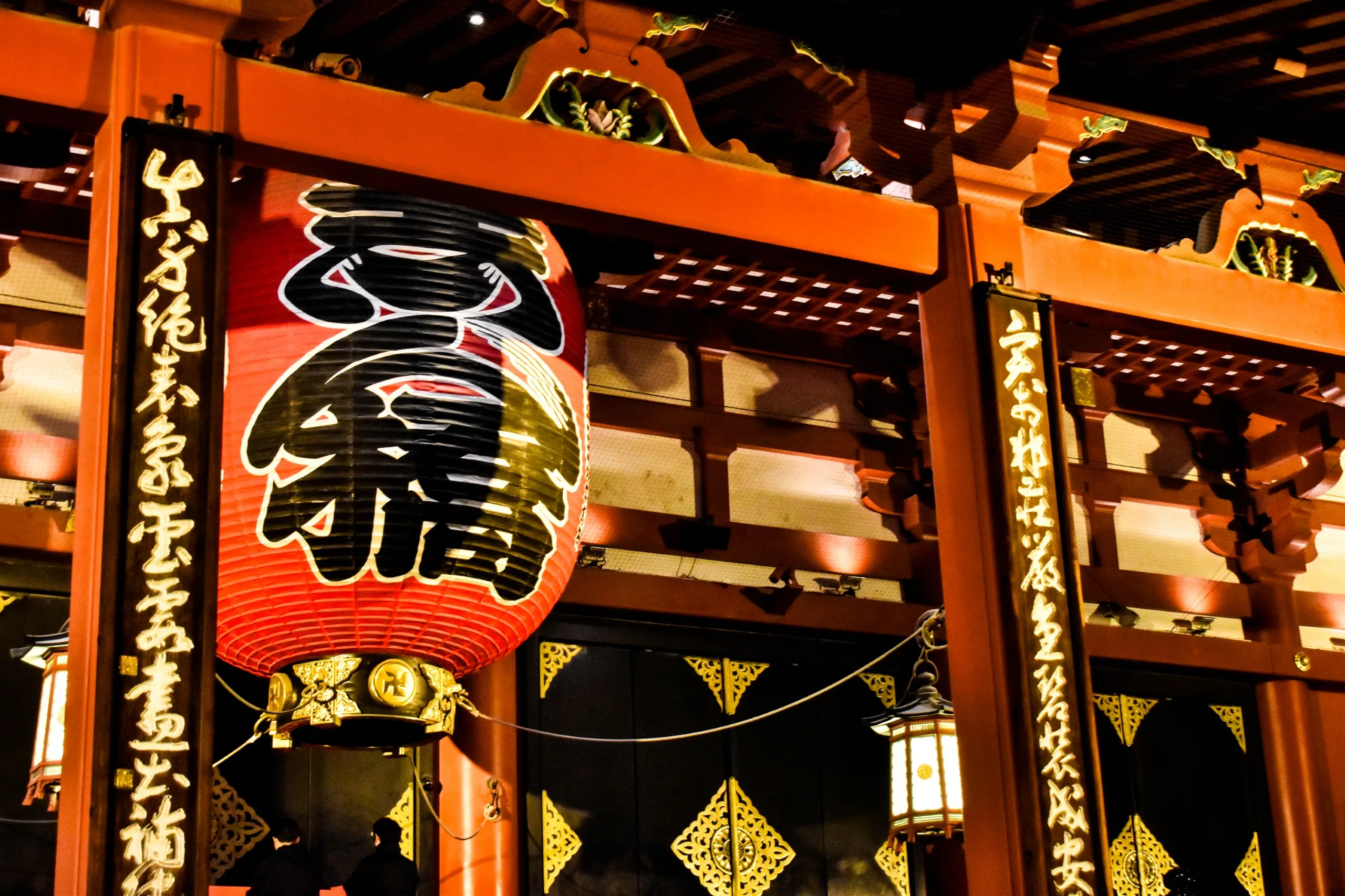 Une grande lanterne en papier rouge avec des caractères japonais est suspendue à l'entrée d'un bâtiment japonais traditionnel, entourée de poutres en bois ornées et de lanternes illuminées - un spectacle classique pour tous ceux qui explorent que faire à Tokyo.