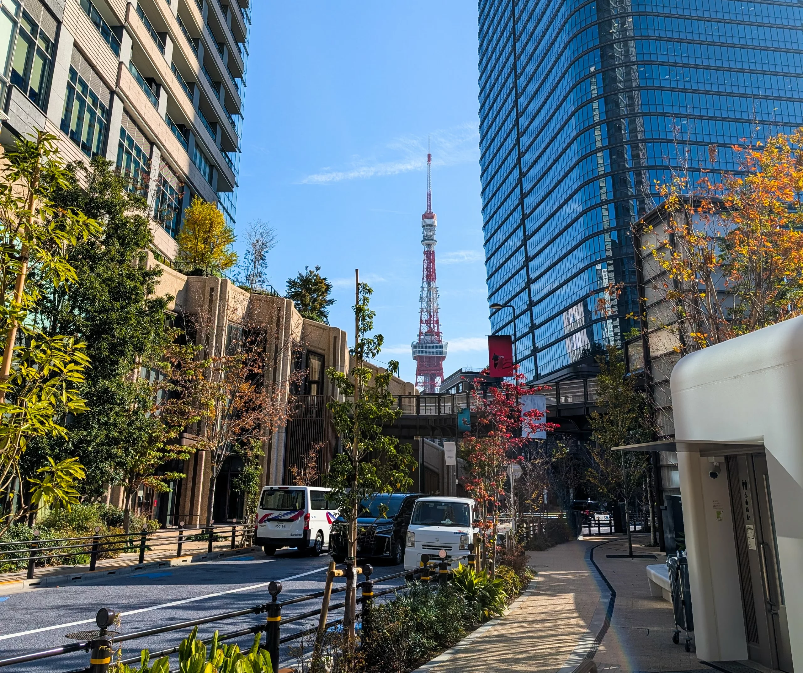 Une rue de la ville avec des voitures garées le long du trottoir, des bâtiments modernes, des arbres avec des feuilles d'automne et la tour de Tokyo en arrière-plan