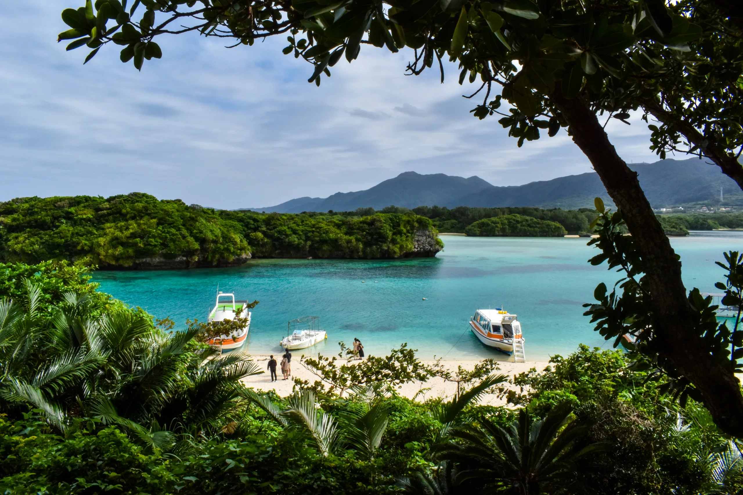 De petits bateaux sont amarrés sur une plage de sable blanc au bord d'une eau turquoise et limpide, au milieu d'une végétation luxuriante.