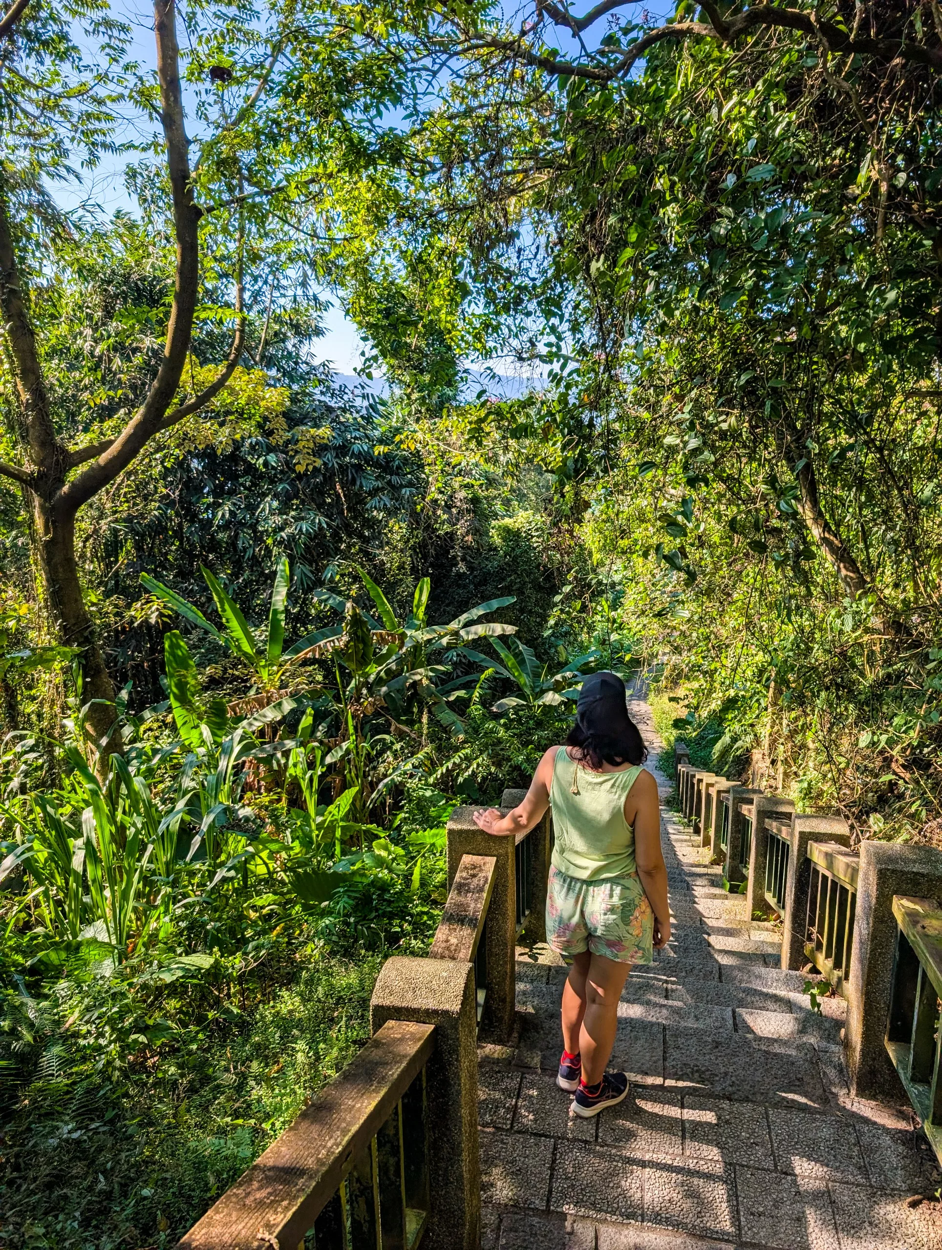 Un visiteur vêtu d'une tenue vert clair descend un escalier de pierre entouré d'arbres et de plantes luxuriants, la lumière du soleil filtrant à travers le feuillage.