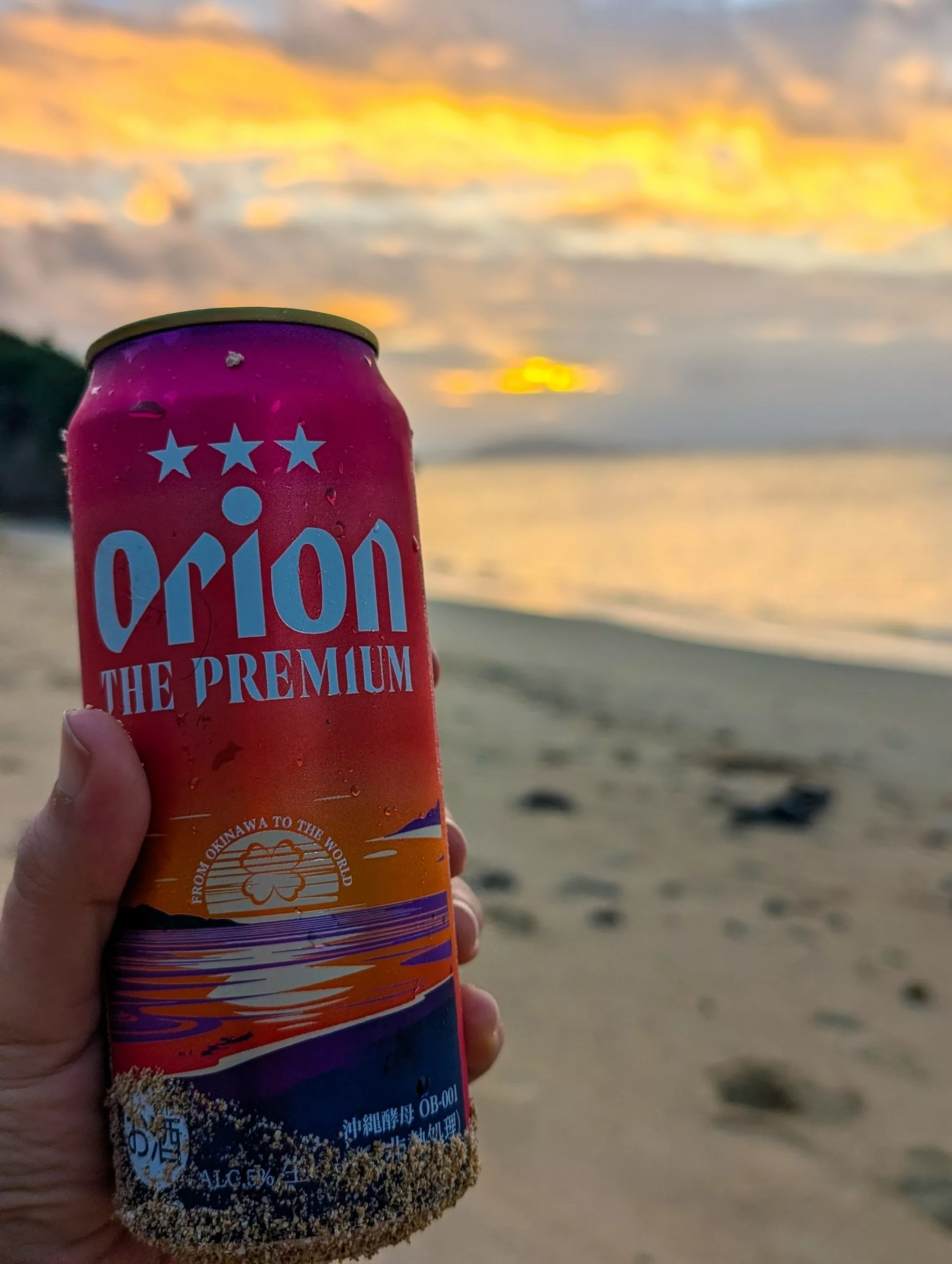 Une main tenant une canette de bière Orion The Premium devant une plage de sable et l'océan au coucher du soleil