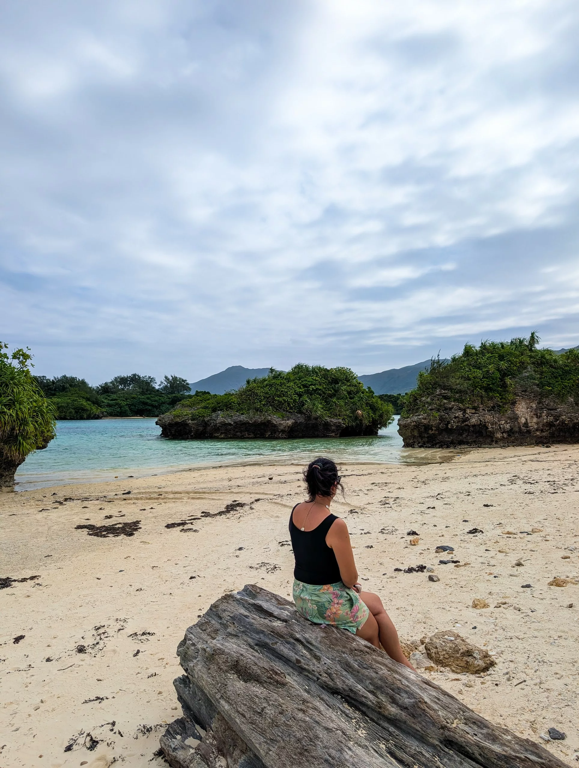 Une personne aux cheveux foncés est assise sur un gros morceau de bois flotté sur une plage de sable sur la baie de Kabira, à Ishigaki, face à la mer et à des formations rocheuses recouvertes de végétation verte