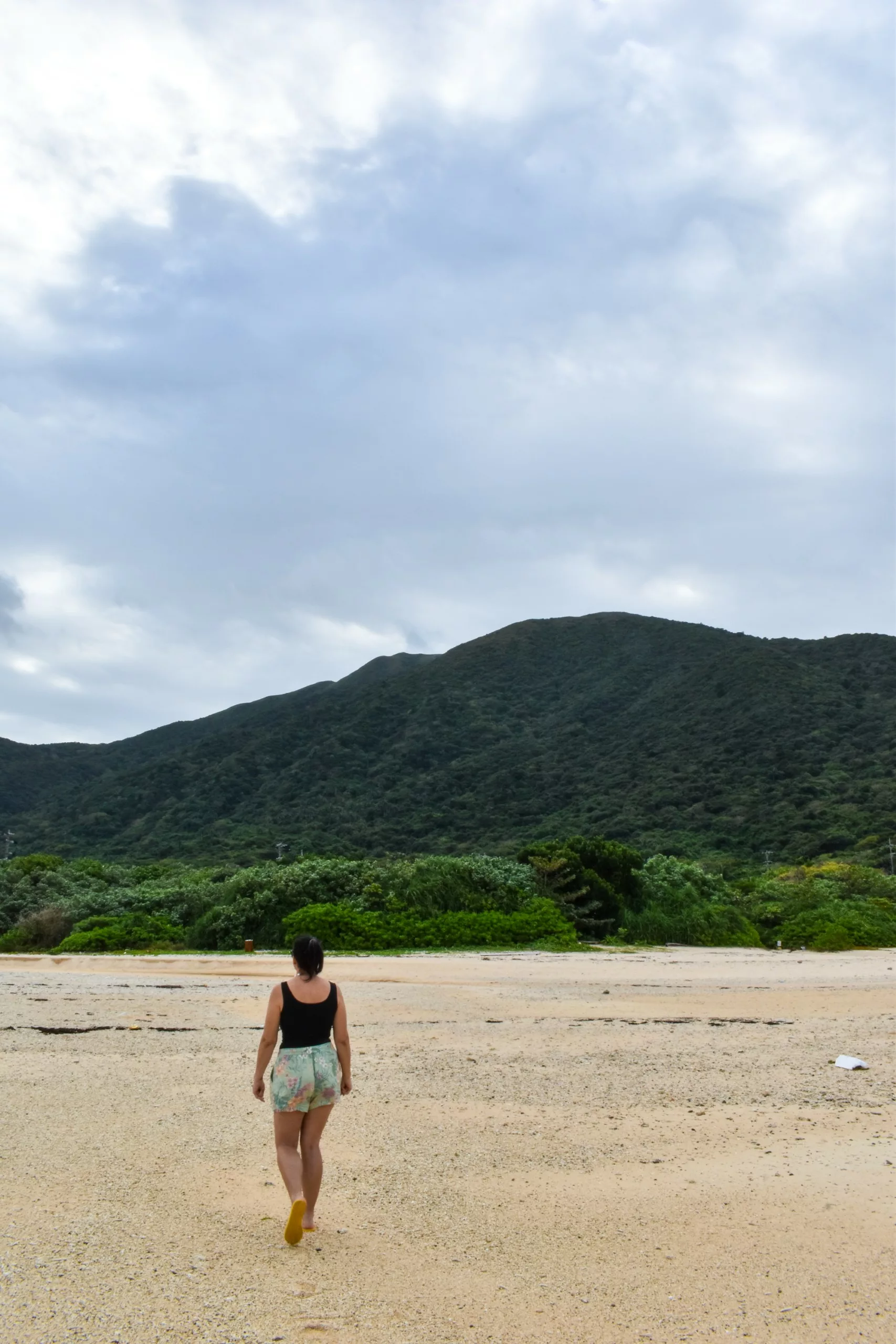 Une personne vêtue d'un débardeur noir et d'un short marche sur une plage de sable en direction de collines verdoyantes, sous un ciel nuageux