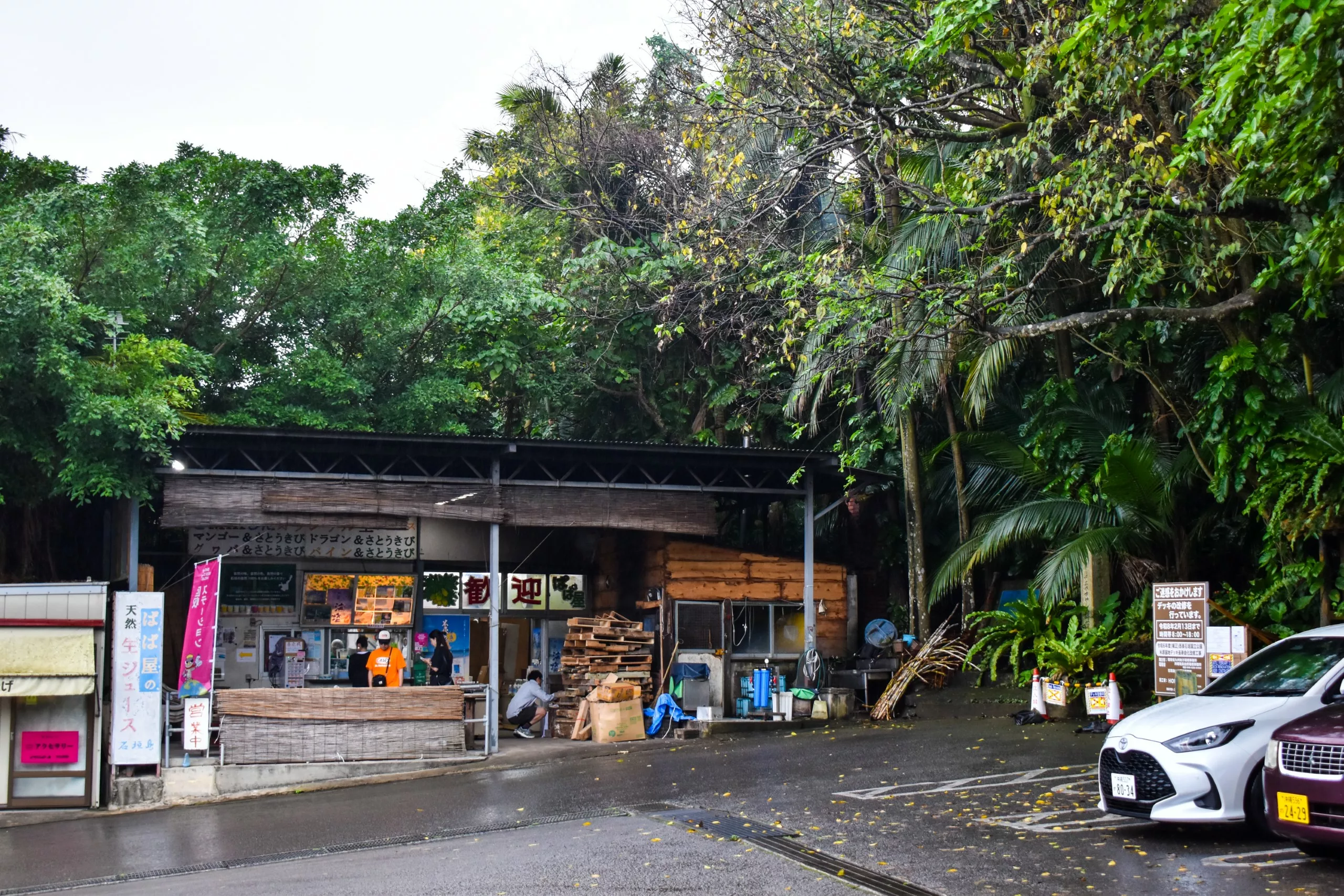Un petit bâtiment, avec des piles de bois, des distributeurs automatiques et des panneaux en caractères asiatiques, se dresse au milieu d’une végétation luxuriante et de voitures garées sur une route mouillée