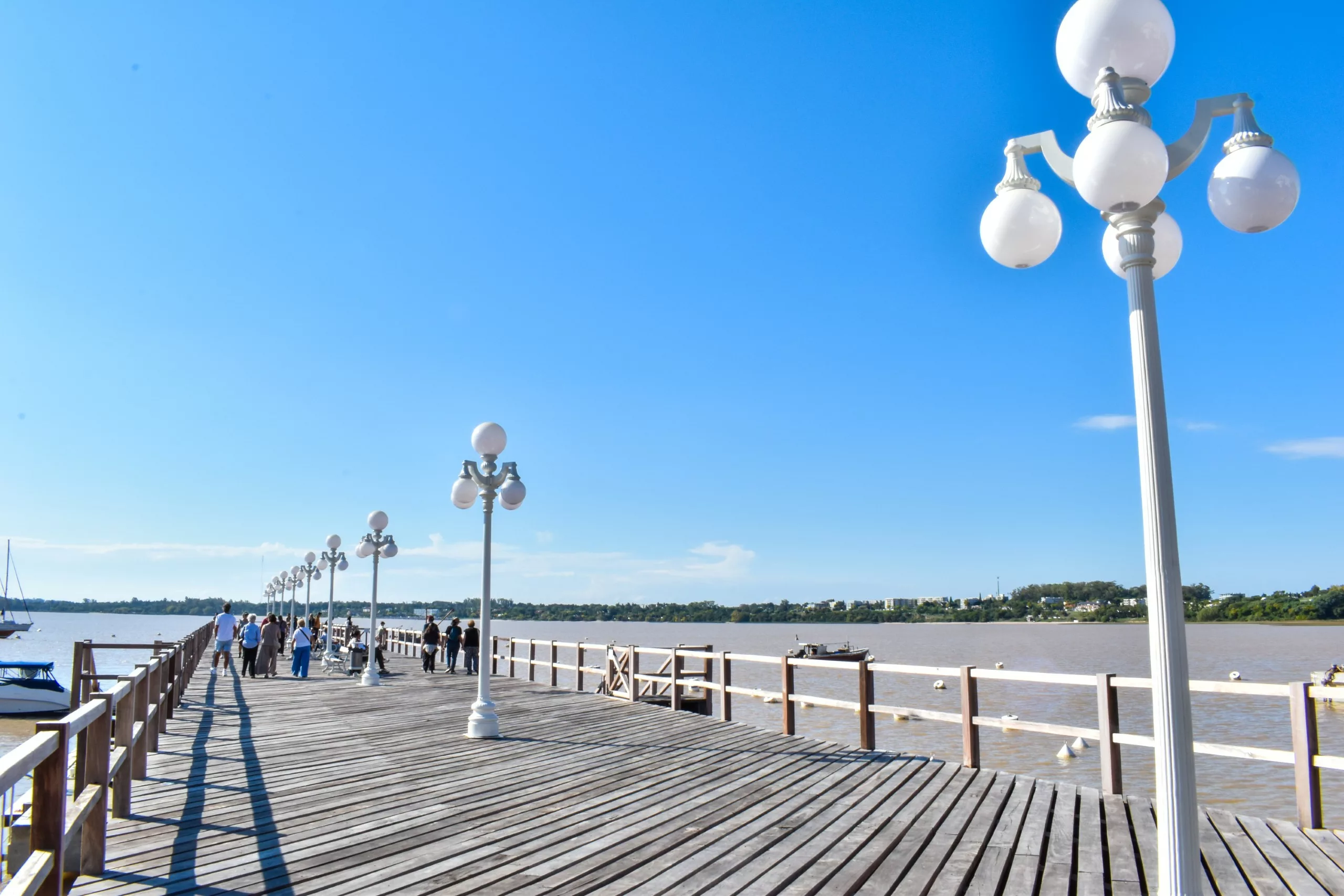Sous un ciel bleu, une jetée en bois parsemée de plusieurs lampadaires s'étend au-dessus du rio de la plata à Colonia del Sacramento. Un groupe de personnes se promène le long de la jetée, tandis que des arbres et des bâtiments se dessinent sur la rive opposée.