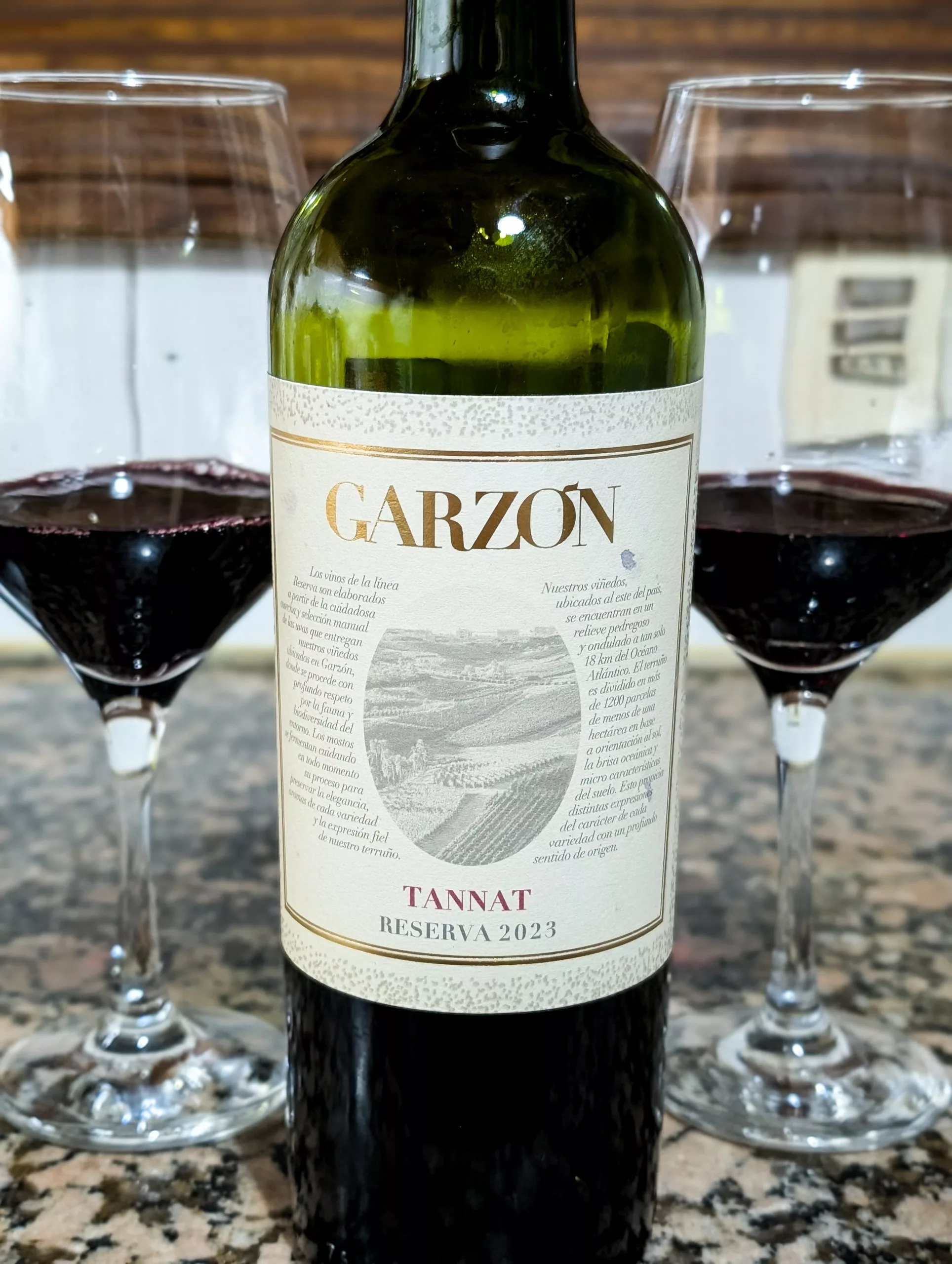 Une bouteille de vin rouge "Garzon" avec deux verres de vin remplis autour.