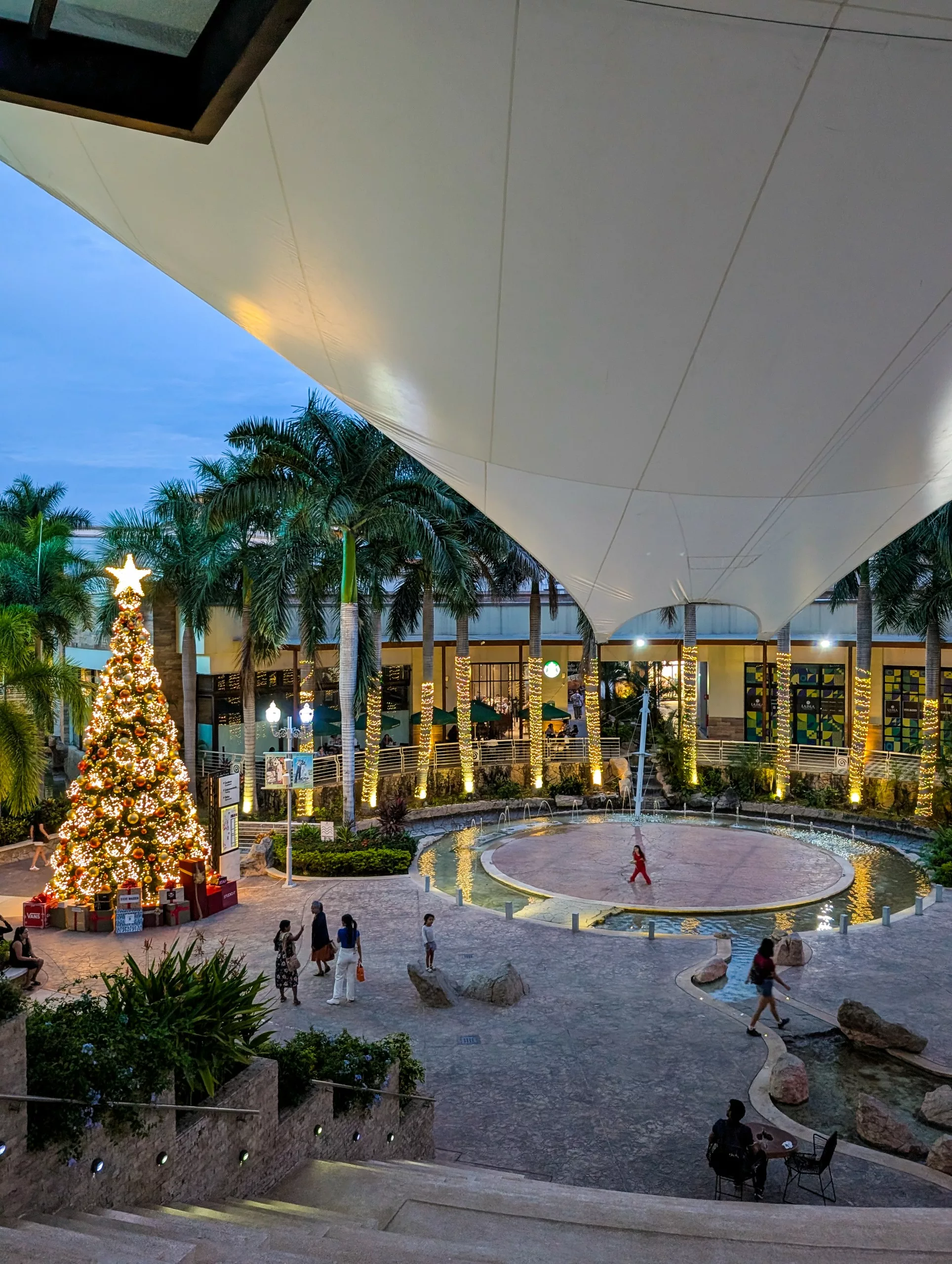 Un centre commercial de Puerto Vallarta avec des palmiers, des lumières, une fontaine et un grand arbre de noël décoré.