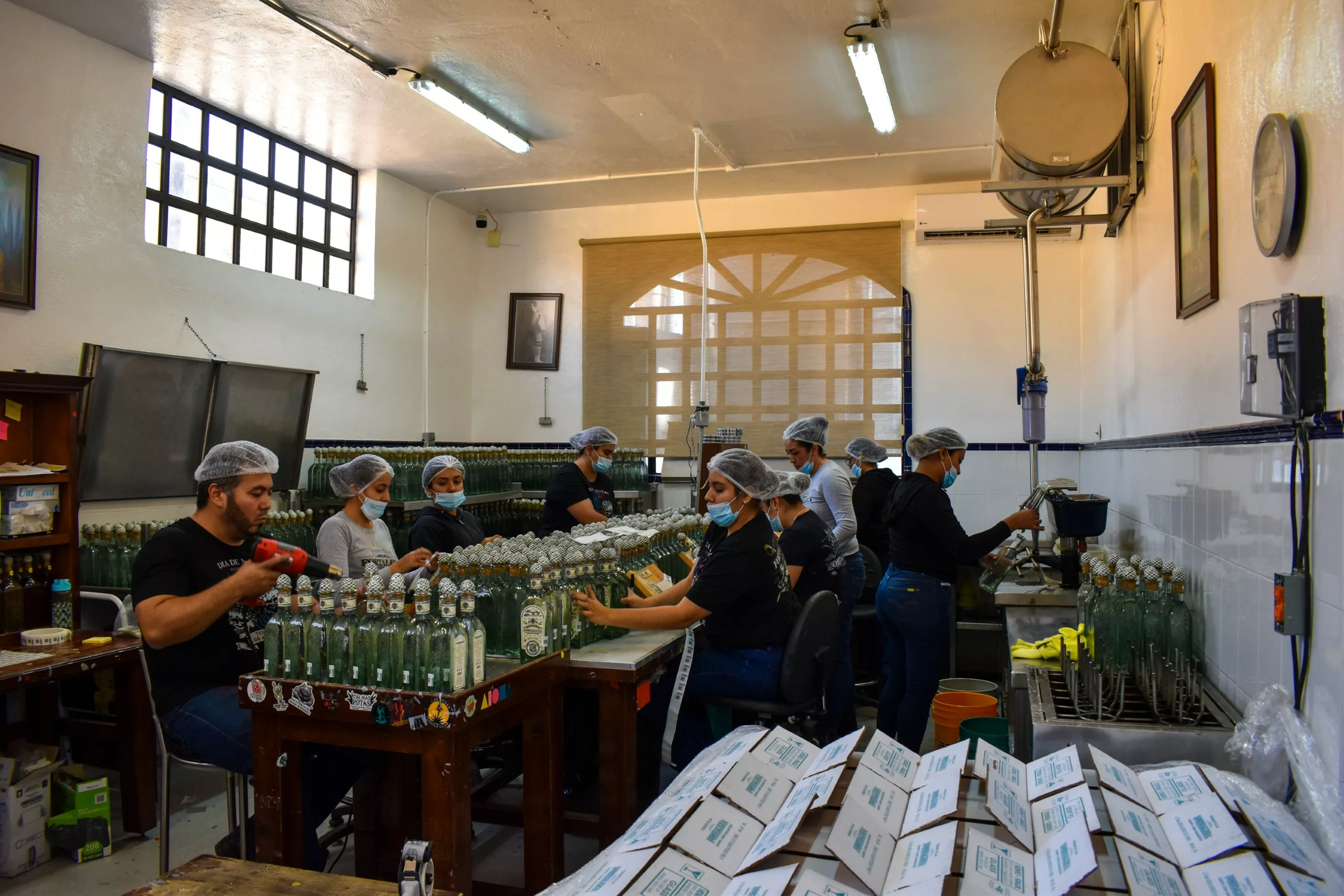 Dans une salle bien éclairée, des ouvriers portant des filets à cheveux et des masques sont assis ou debout devant des tables, occupés à assembler et à étiqueter des bouteilles de tequila ; plusieurs cartons sont empilés au premier plan, tandis que du matériel est accroché aux murs.