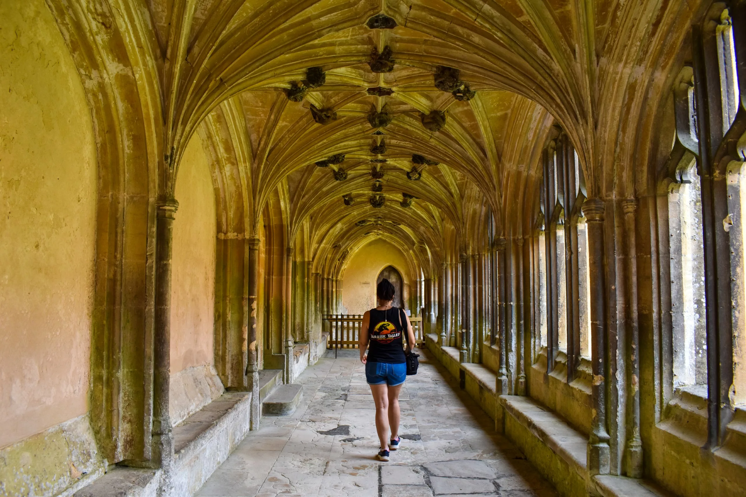 Une personne s'éloigne en traversant un long cloître à voûtes en pierre qui rappelle les couloirs de l'école d'Harry Potter, avec ses rangées de fenêtres cintrées.