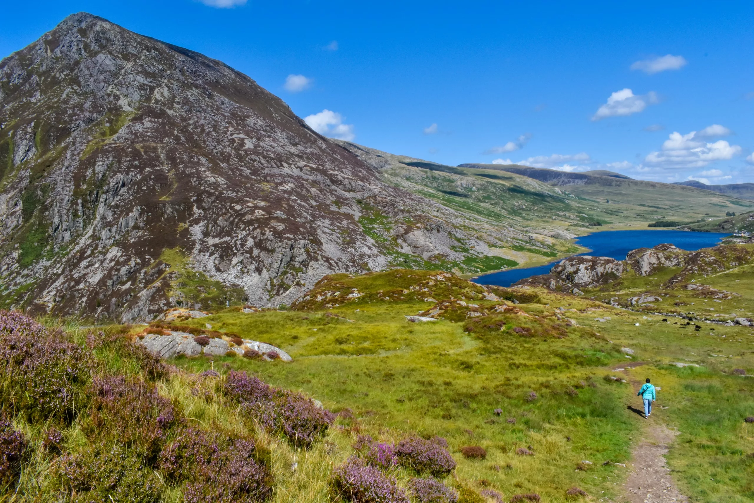 Une personne se promène sur un sentier dans une vallée verdoyante du Pays de Galles, en direction d'une montagne et d'un lac bleu sous un ciel dégagé.