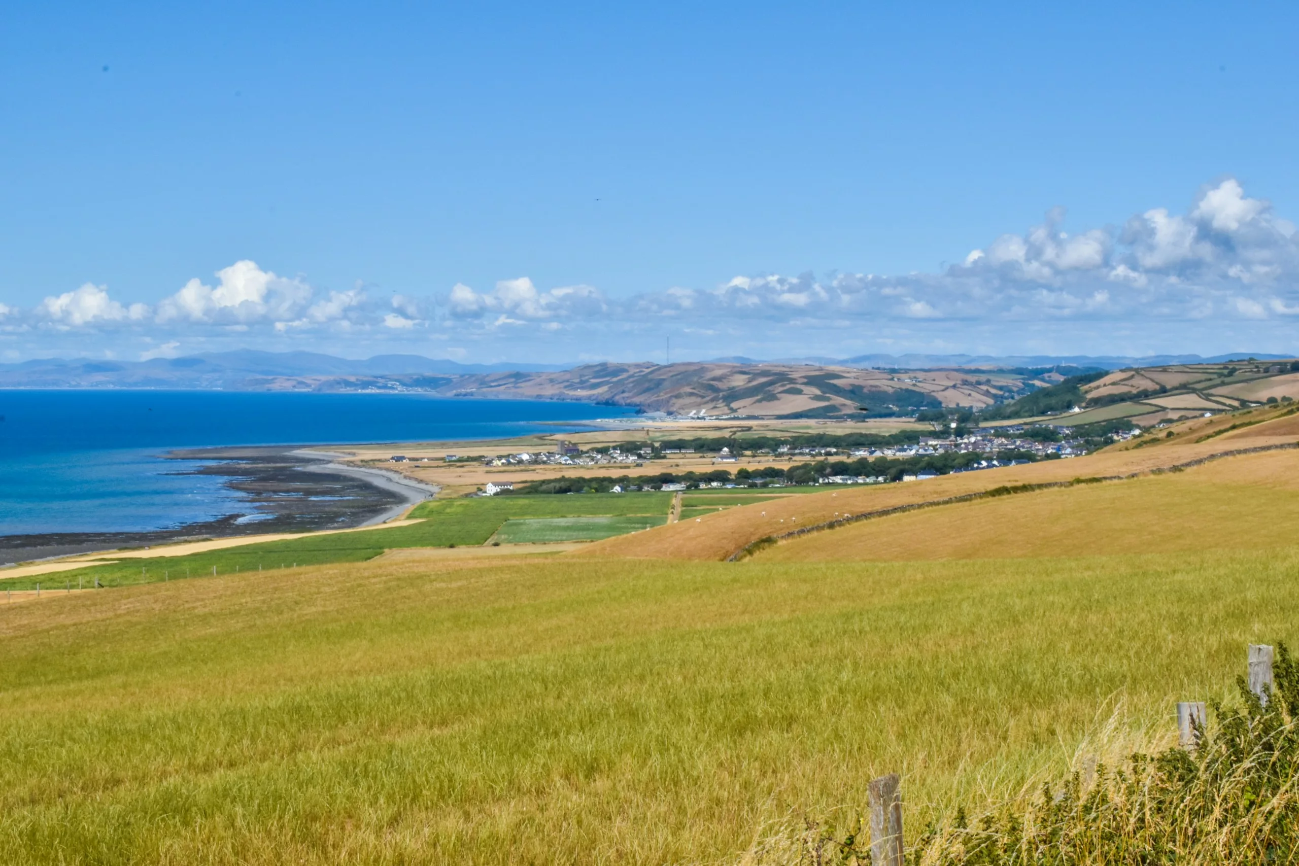 Paysage côtier avec des champs dorés à perte de vue menant à une petite ville nichée au bord d'une baie, avec au loin des collines sous un ciel bleu.